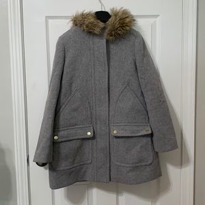 Grey J. Crew Parka w/ faux fur trim hood